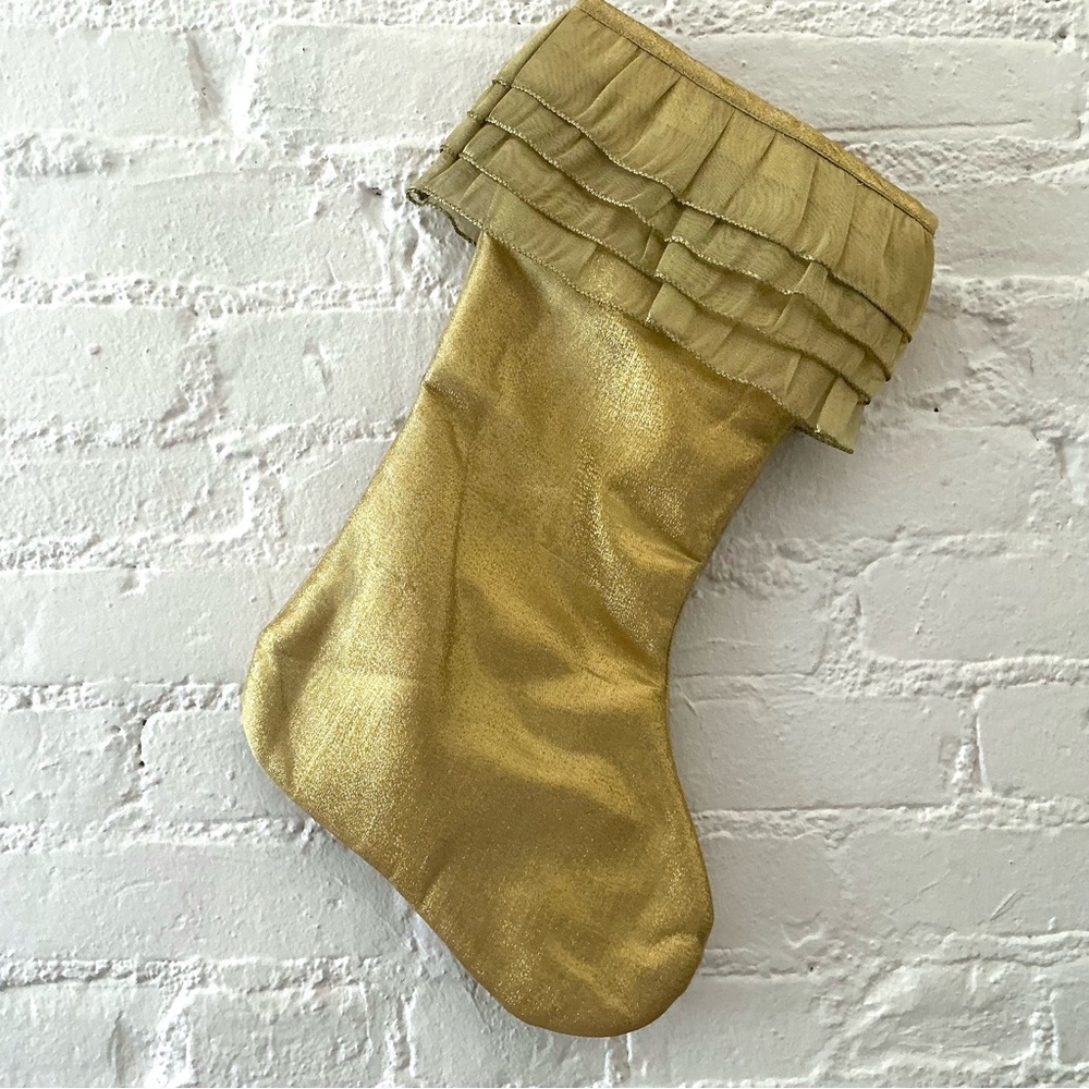 Metallic Christmas Stocking Gold Quilted Shimmery Ruffles Holiday 16” New